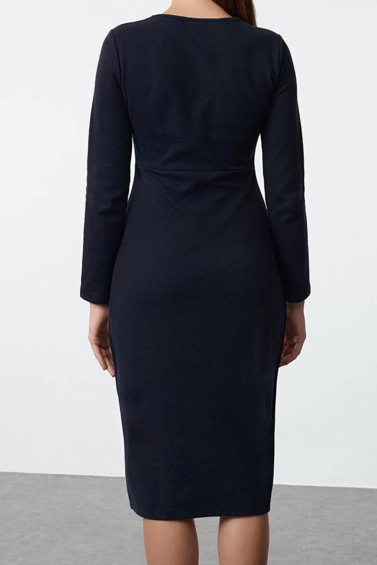 Women Fashion Stylish Midi Length Crew Neck Slim Plain Selanik Wrap Flexible Knitted Dress