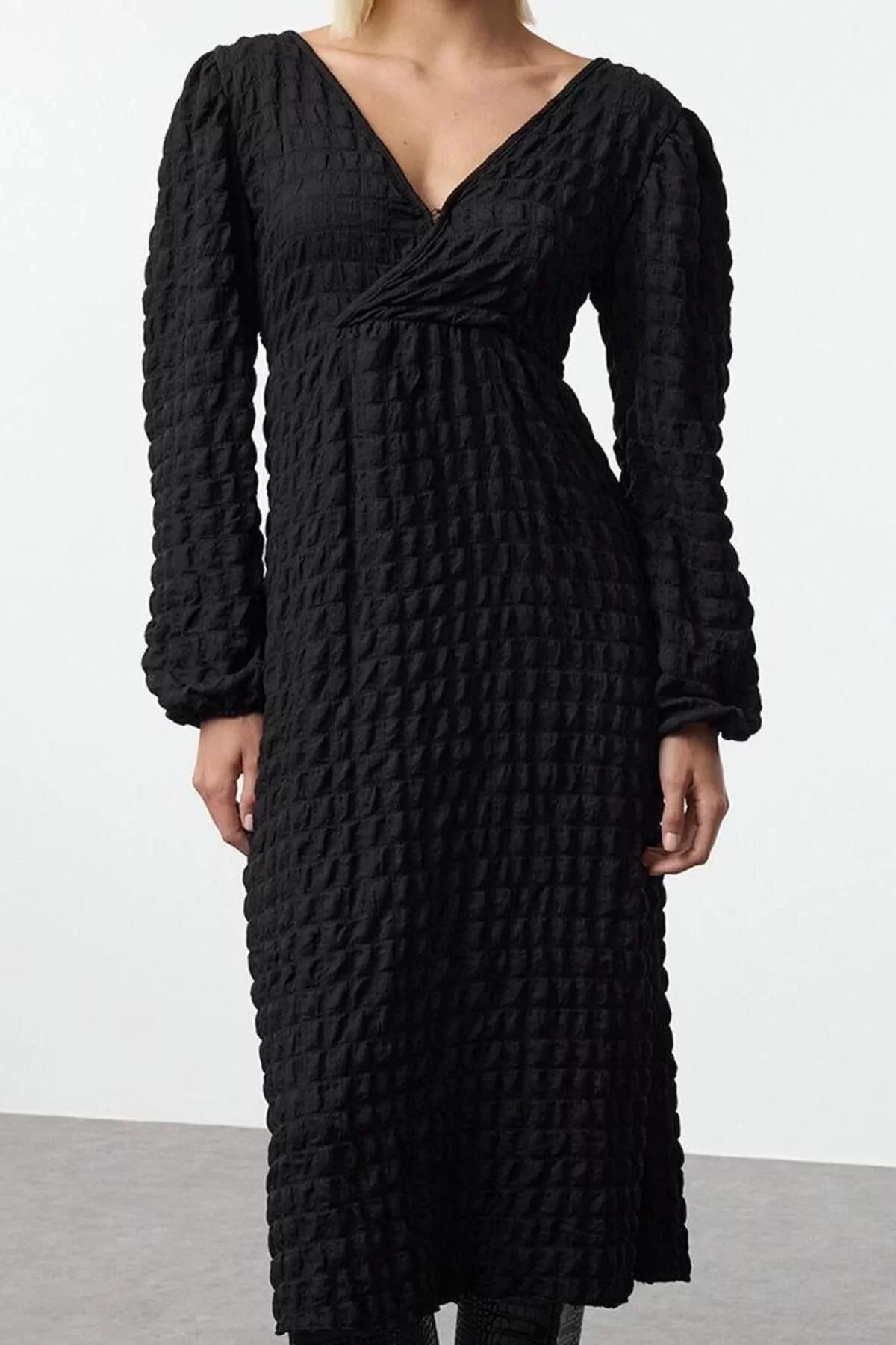 Women Fashion Stylish Midi Length Double Breasted Regular Plain Textured Wrap Collar Flexible Knitted Dress