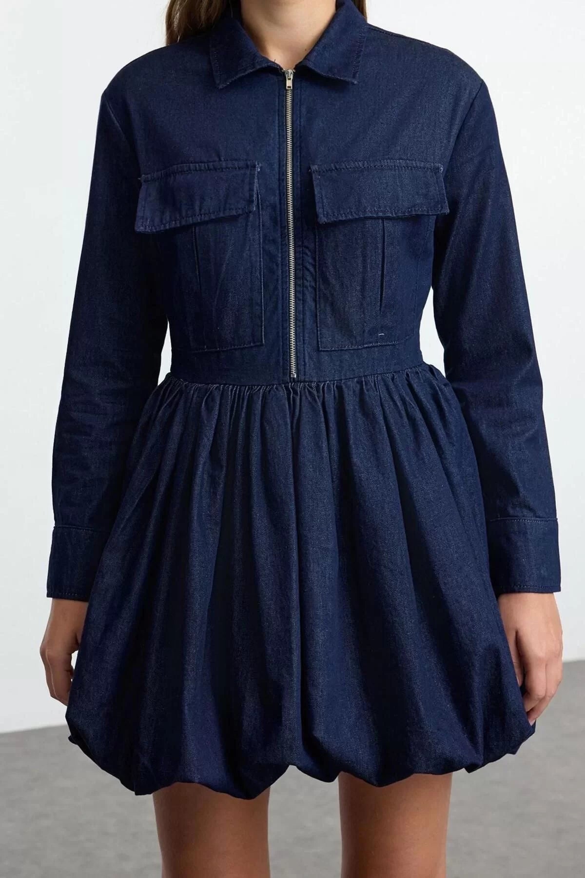 Women Fashion Stylish Mini Length Shirt Collar Denim Pocket Detail Balloon Skirt Shirt Dress