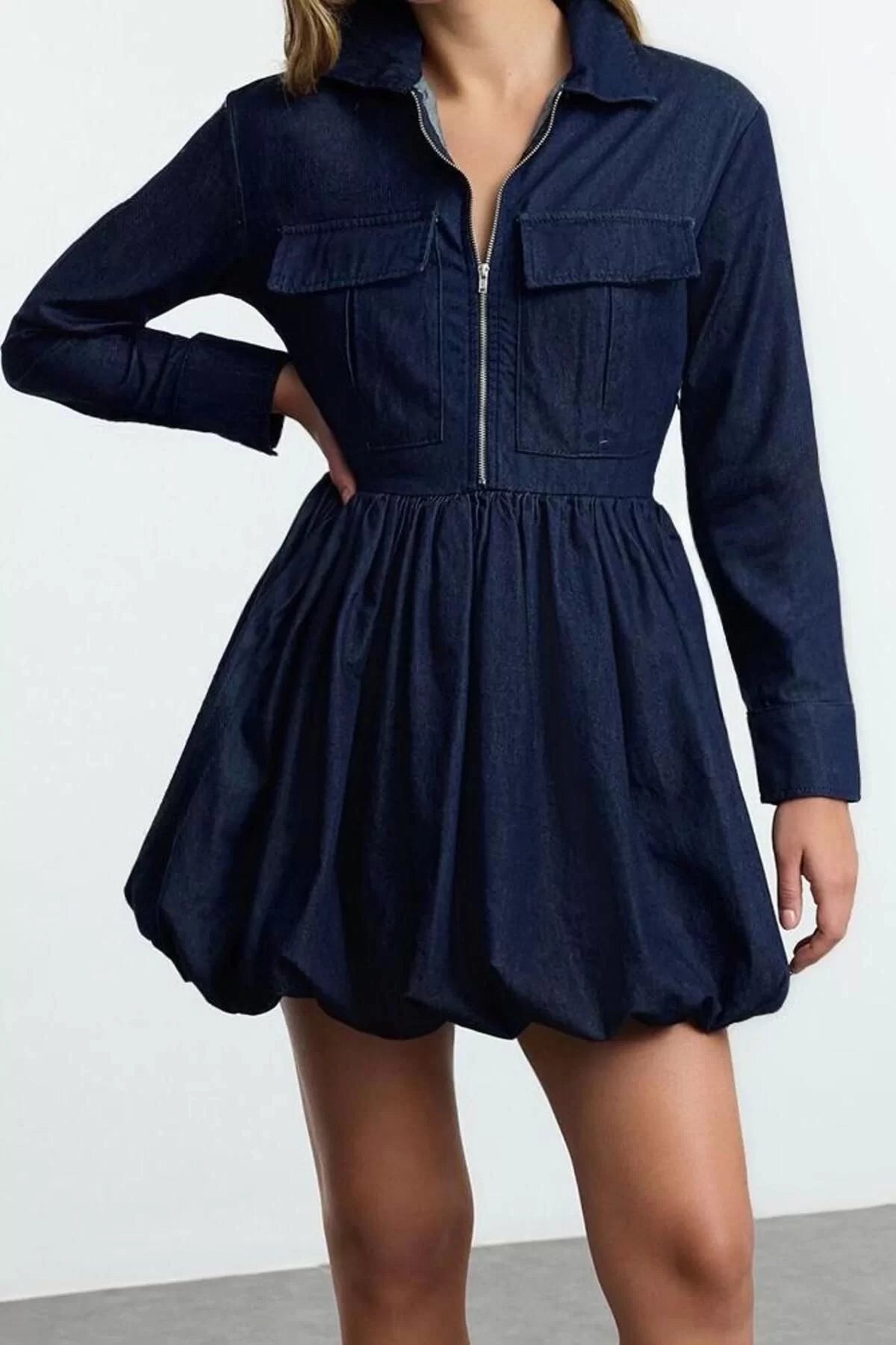 Women Fashion Stylish Mini Length Shirt Collar Denim Pocket Detail Balloon Skirt Shirt Dress