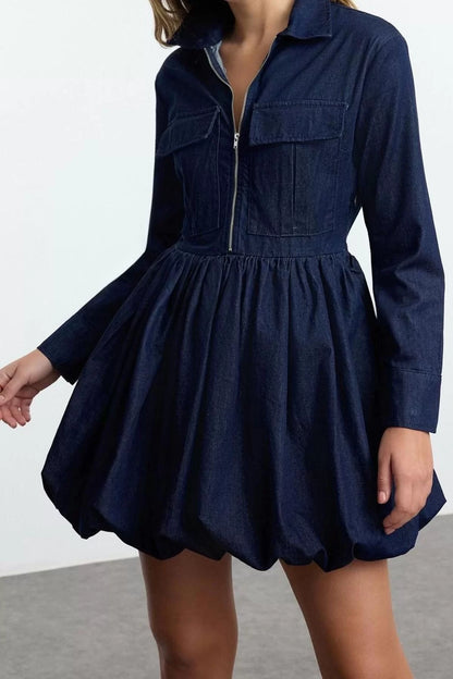 Women Fashion Stylish Mini Length Shirt Collar Denim Pocket Detail Balloon Skirt Shirt Dress