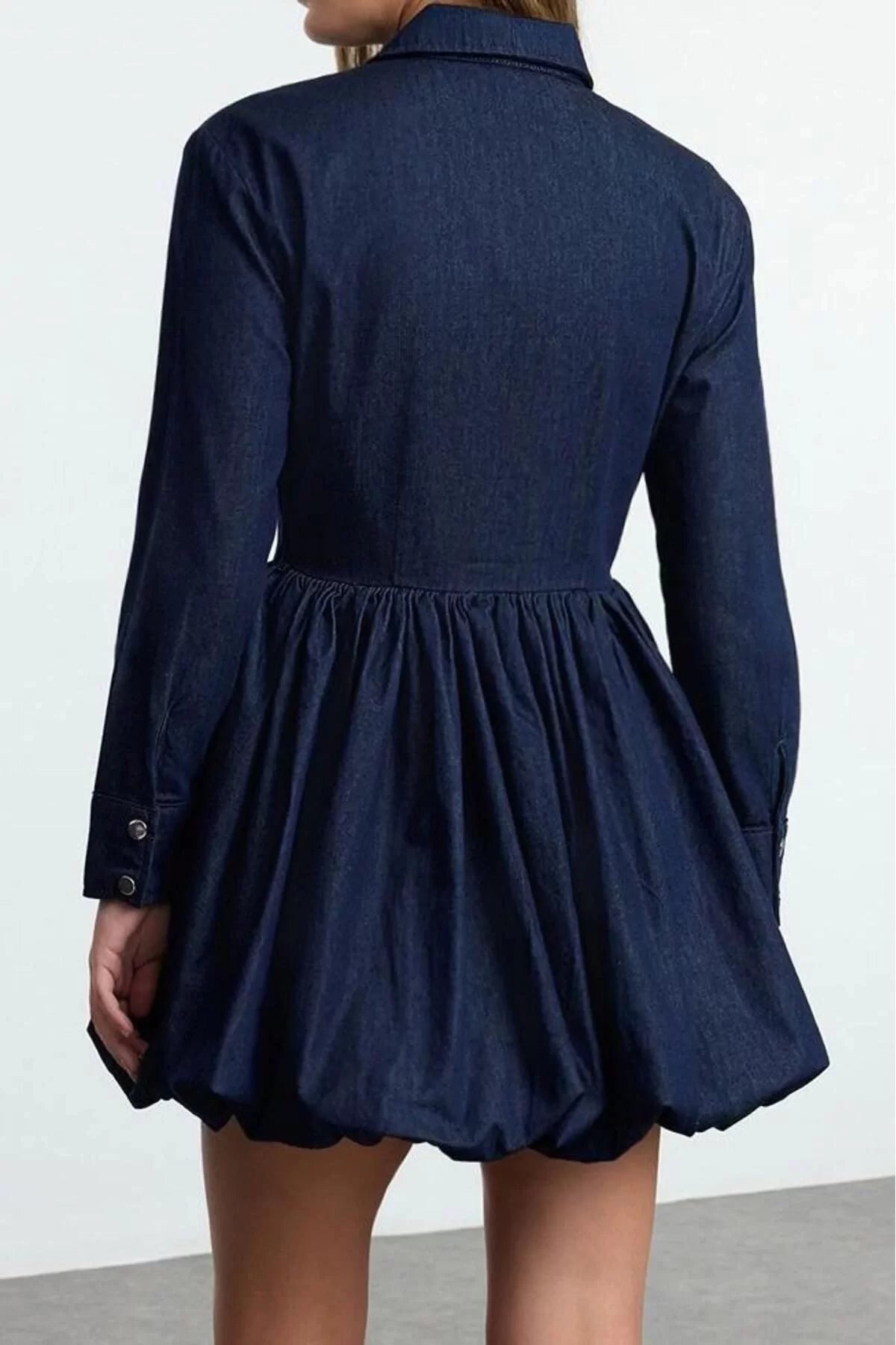 Women Fashion Stylish Mini Length Shirt Collar Denim Pocket Detail Balloon Skirt Shirt Dress