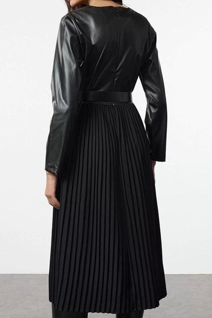 Women Fashion Stylish Midi Length Crew Neck Regular Belted Faux Leather Pleated A-Line Woven Dress