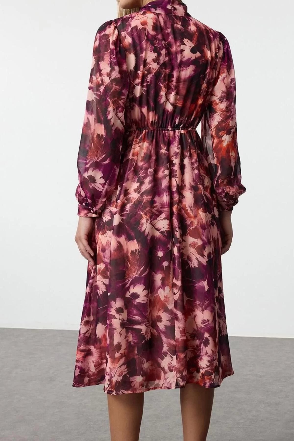 Women Fashion Stylish Midi Length V Neck Regular Floral Patterned A Cut Scarf Collar Lined Chiffon Woven Dress