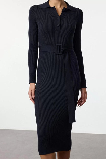 Women Fashion Stylish Midi Length Polo Neck Regular Belted Knit Dress