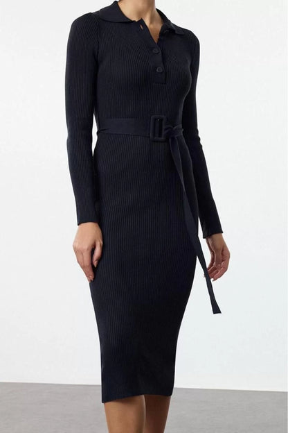 Women Fashion Stylish Midi Length Polo Neck Regular Belted Knit Dress