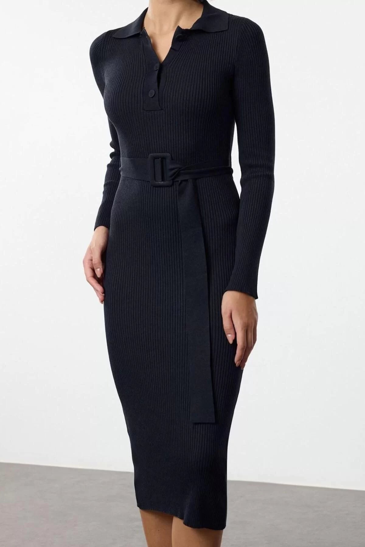 Women Fashion Stylish Midi Length Polo Neck Regular Belted Knit Dress