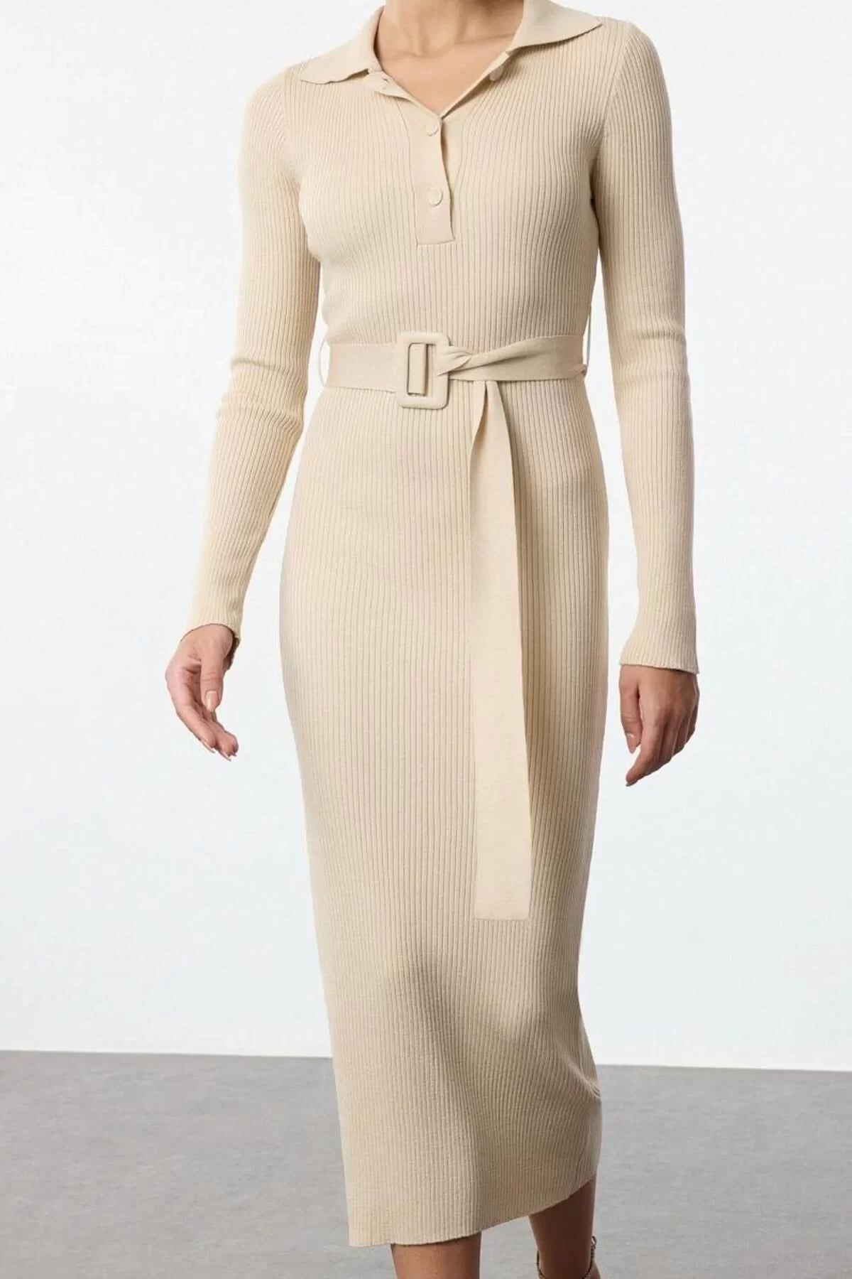 Women Fashion Stylish Midi Length Polo Neck Regular Belted Knit Dress