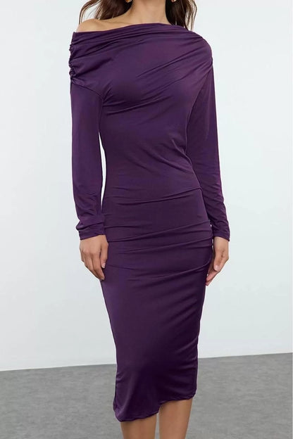 Women Fashion Stylish Midi Length Asymmetrical Collar Slim Fitted Bodycon Knitted Dress