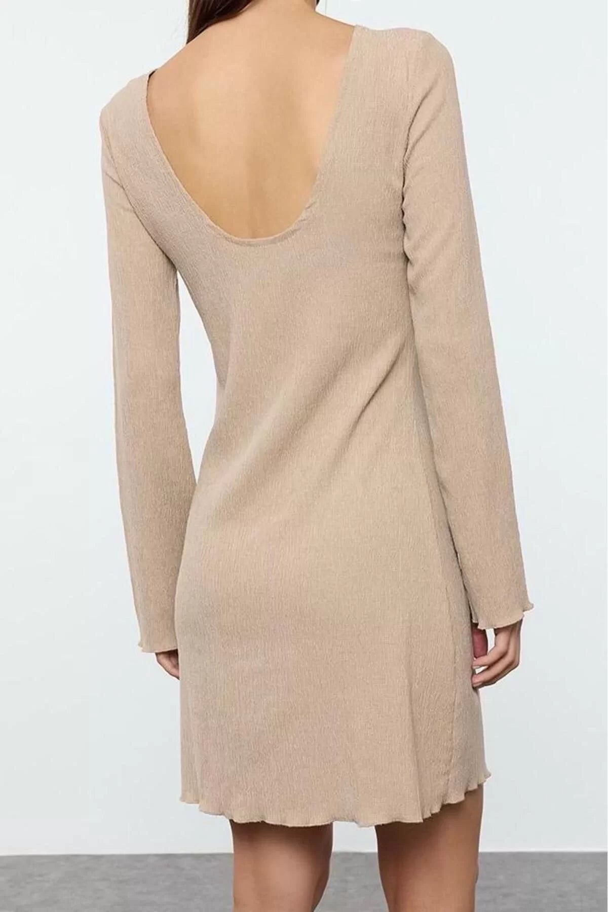 Women Fashion Stylish Mini Length Boat Neck Slim Plain Back Low Cut Knitted Dress