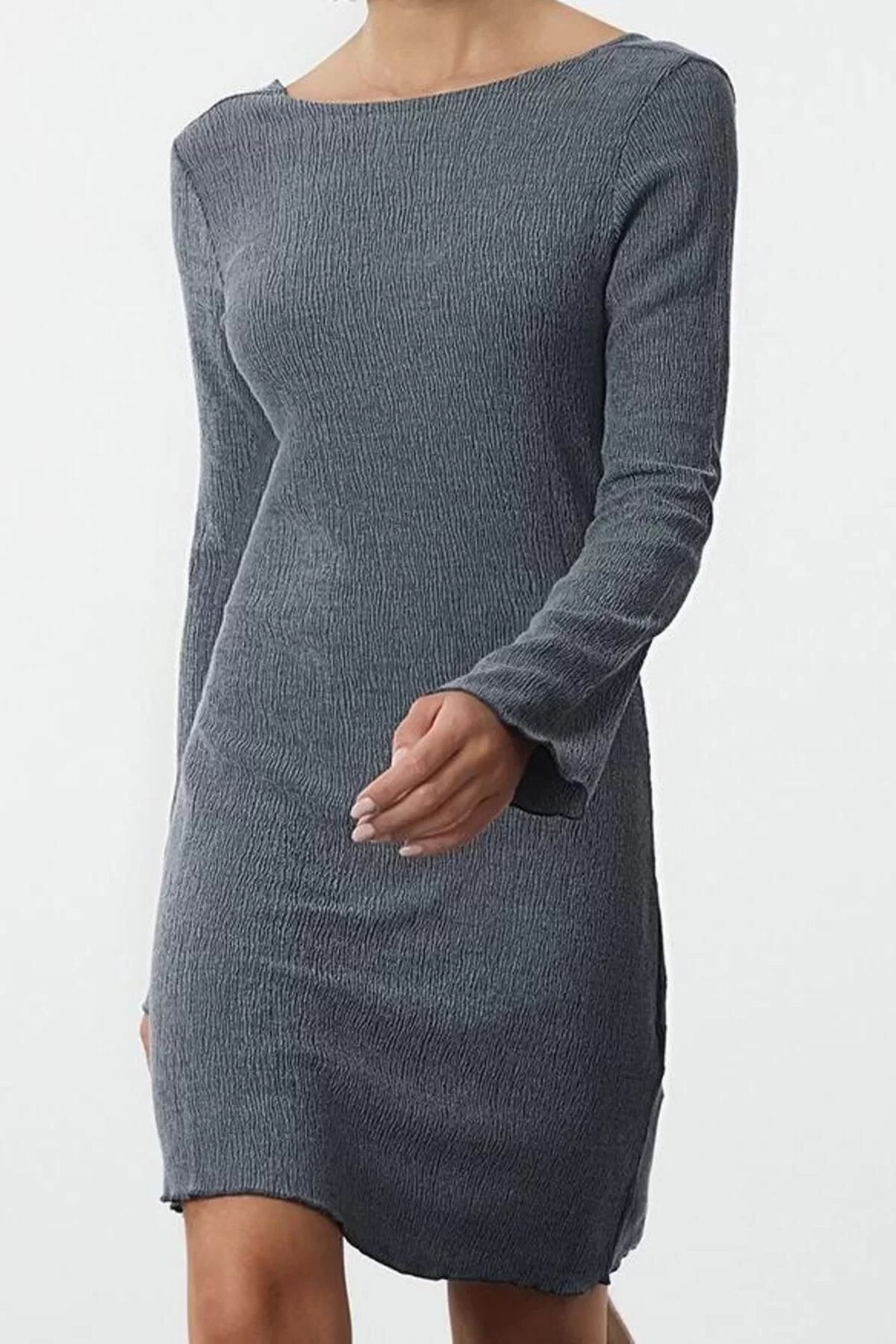 Women Fashion Stylish Mini Length Boat Neck Slim Plain Back Low Cut Knitted Dress