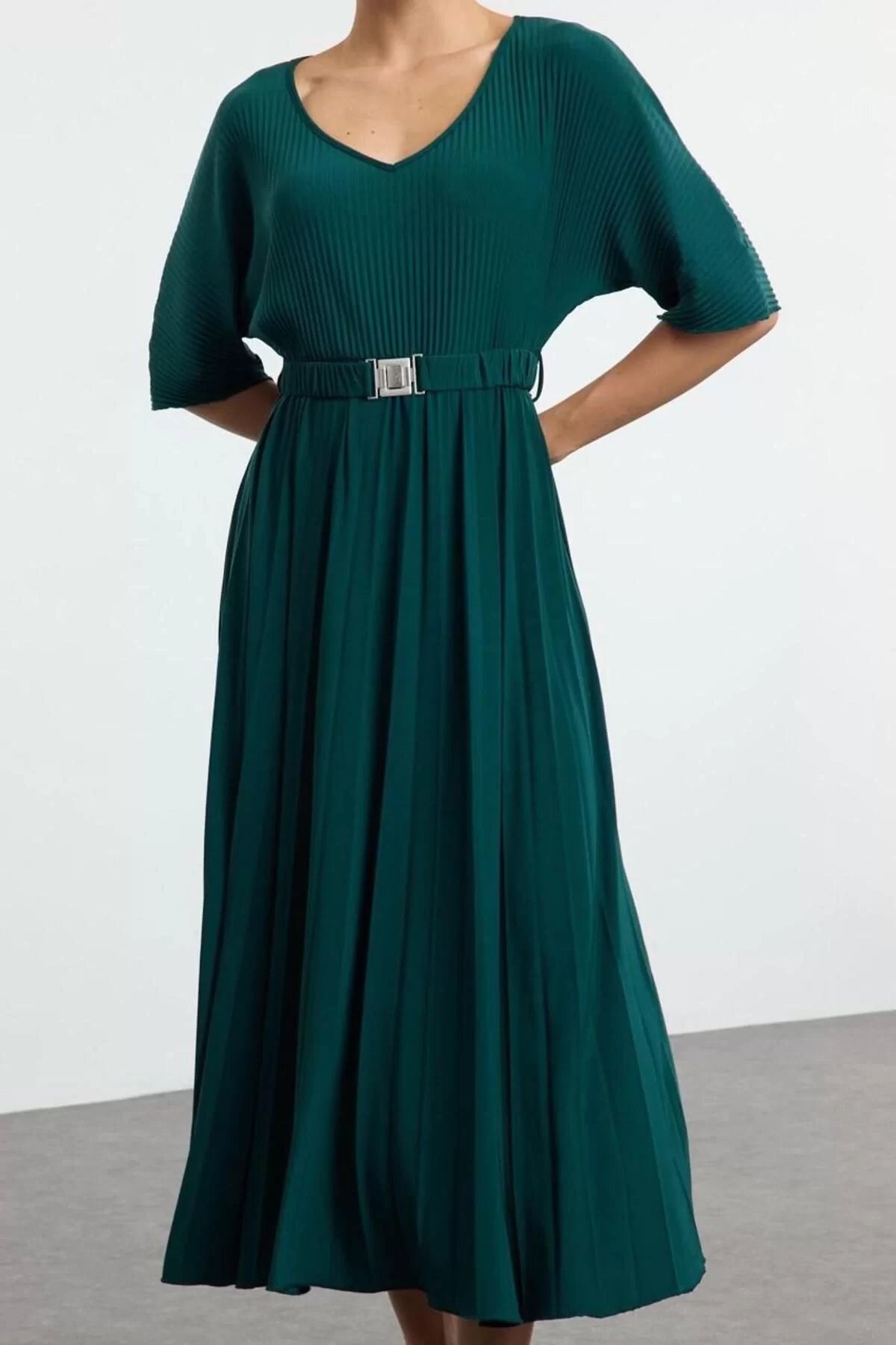 Women Fashion Stylish Maxi Length V Neck Regular Skater Belted Three Quarter Sleeve Flexible Knitted Dress