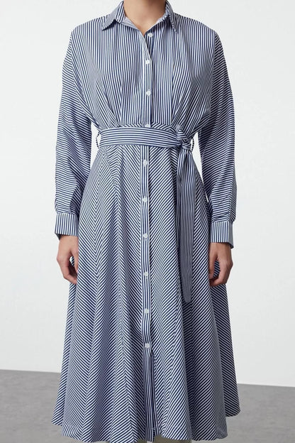 Women Fashion Stylish Midi Length Shirt Collar Regular Belted Striped Woven Shirt Dress