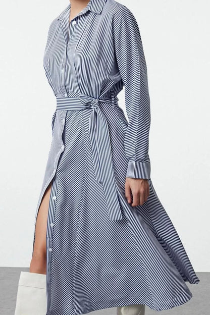 Women Fashion Stylish Midi Length Shirt Collar Regular Belted Striped Woven Shirt Dress