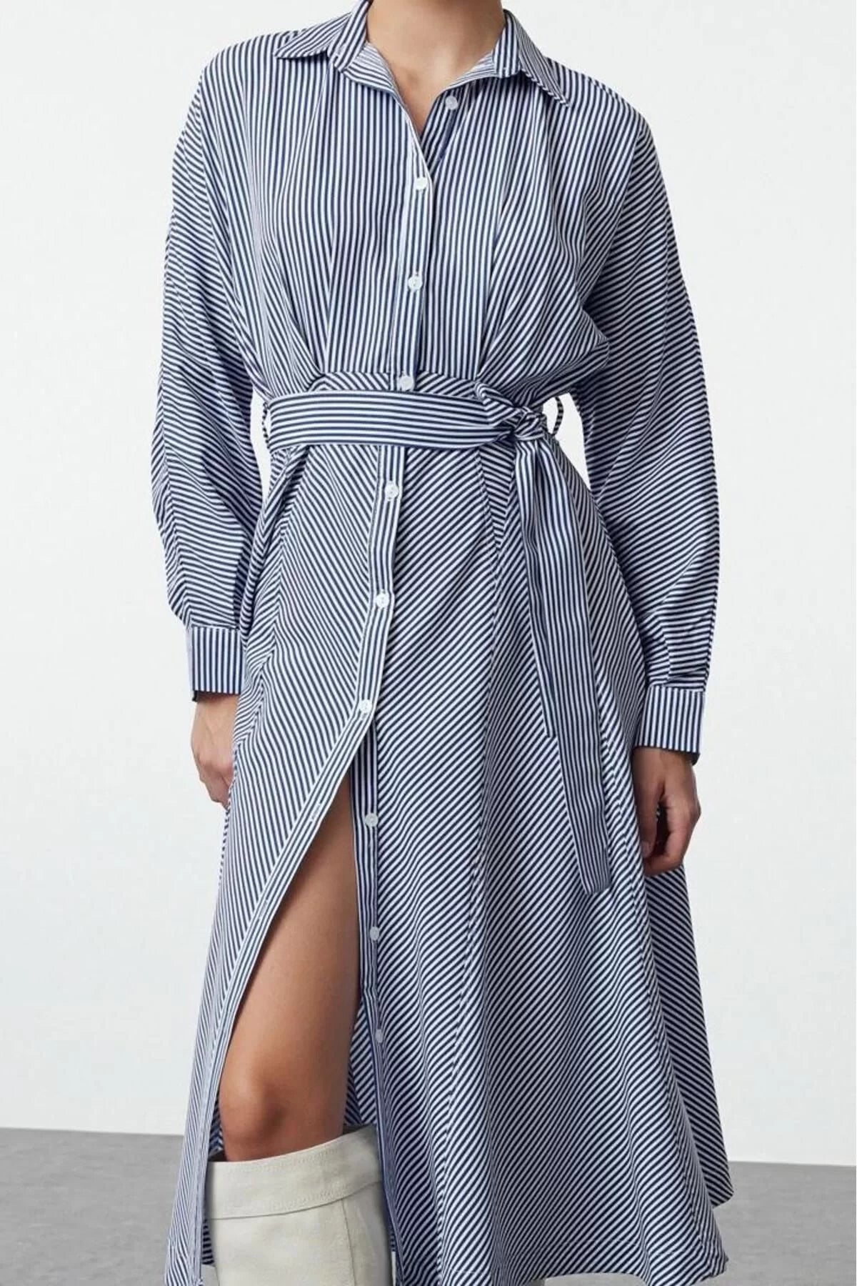 Women Fashion Stylish Midi Length Shirt Collar Regular Belted Striped Woven Shirt Dress