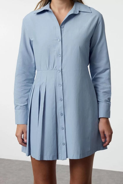 Women Fashion Stylish Mini Length Shirt Collar Regular Pleated Detail Plain Woven Shirt Dress