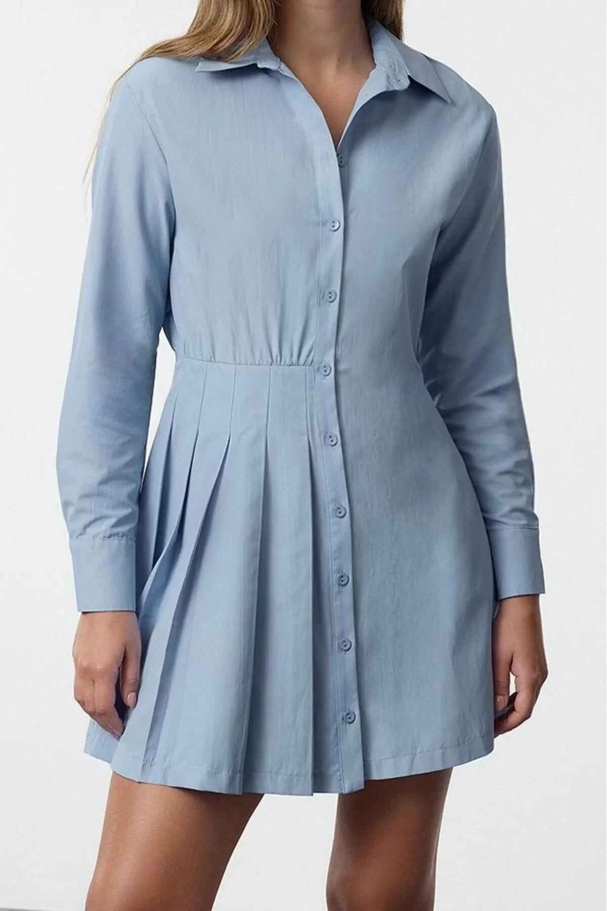 Women Fashion Stylish Mini Length Shirt Collar Regular Pleated Detail Plain Woven Shirt Dress