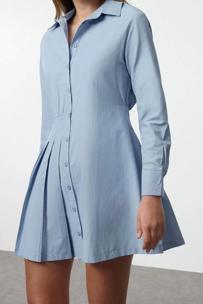 Women Fashion Stylish Mini Length Shirt Collar Regular Pleated Detail Plain Woven Shirt Dress