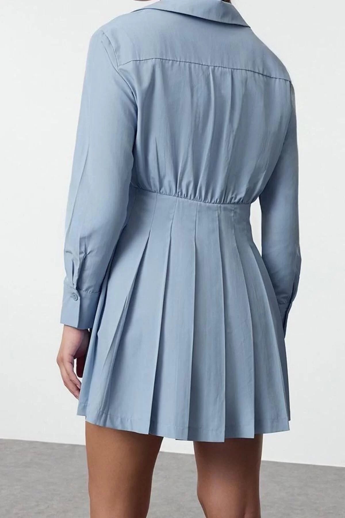 Women Fashion Stylish Mini Length Shirt Collar Regular Pleated Detail Plain Woven Shirt Dress