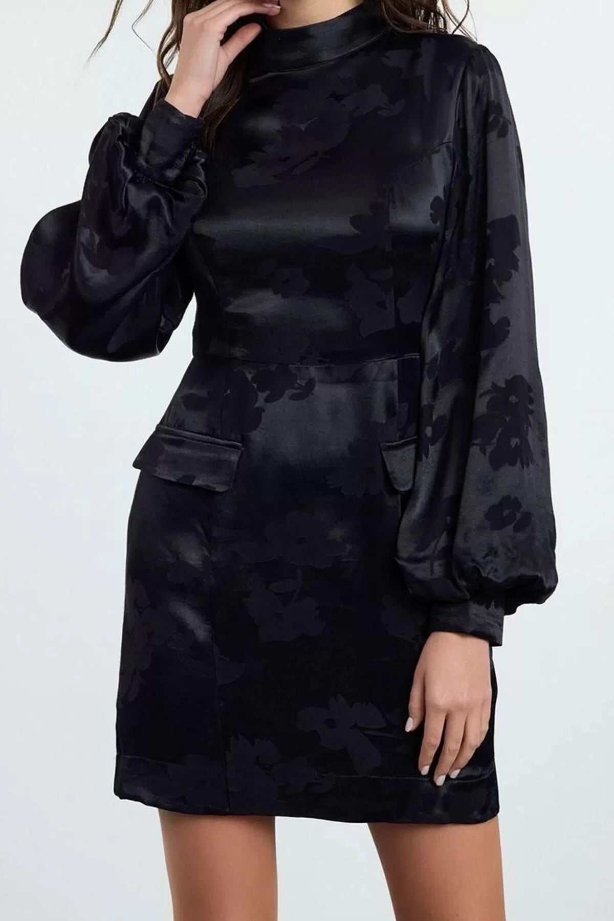 Women Fashion Stylish Mini Length Stand Collar Regular A Cut Balloon Sleeve Jacquard Satin Woven Dress