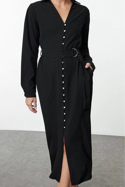 Women Fashion Stylish Maxi Length Shirt Collar Regular Belted Button Detailed Woven Dress