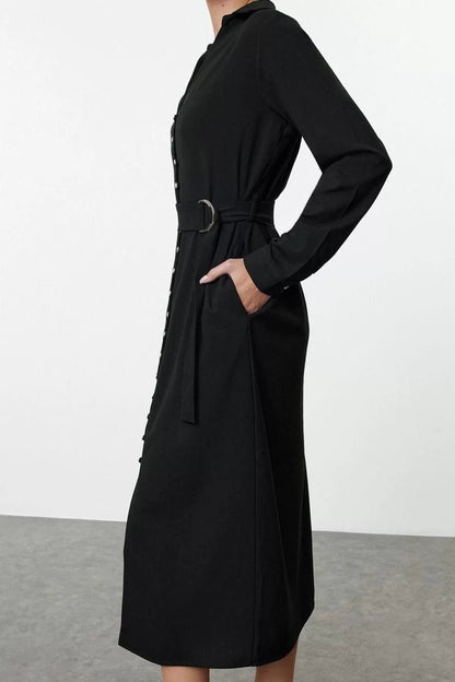 Women Fashion Stylish Maxi Length Shirt Collar Regular Belted Button Detailed Woven Dress