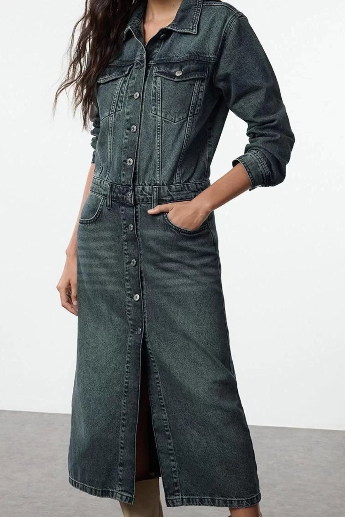 Women Fashion Stylish Midi Length Jacket Collar Denim Shirt Dress