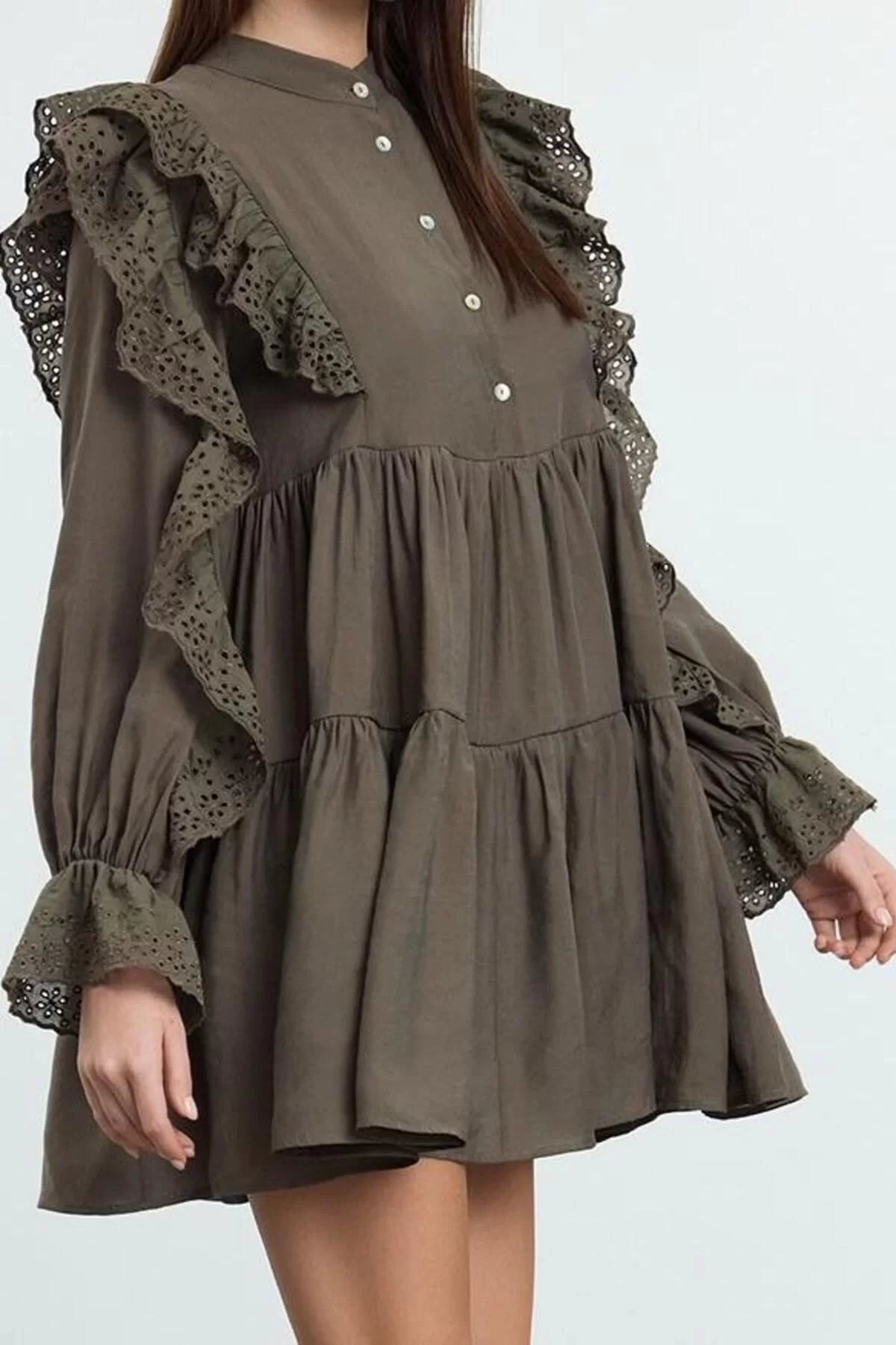 Women Fashion Stylish Mini Length Shirt Collar Regular Plain Lace Detailed Woven Dress