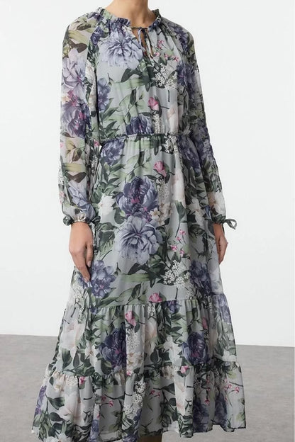 Women Fashion Stylish Maxi Length Stand Collar Regular Floral Waist Open Lined Woven Winter Dress