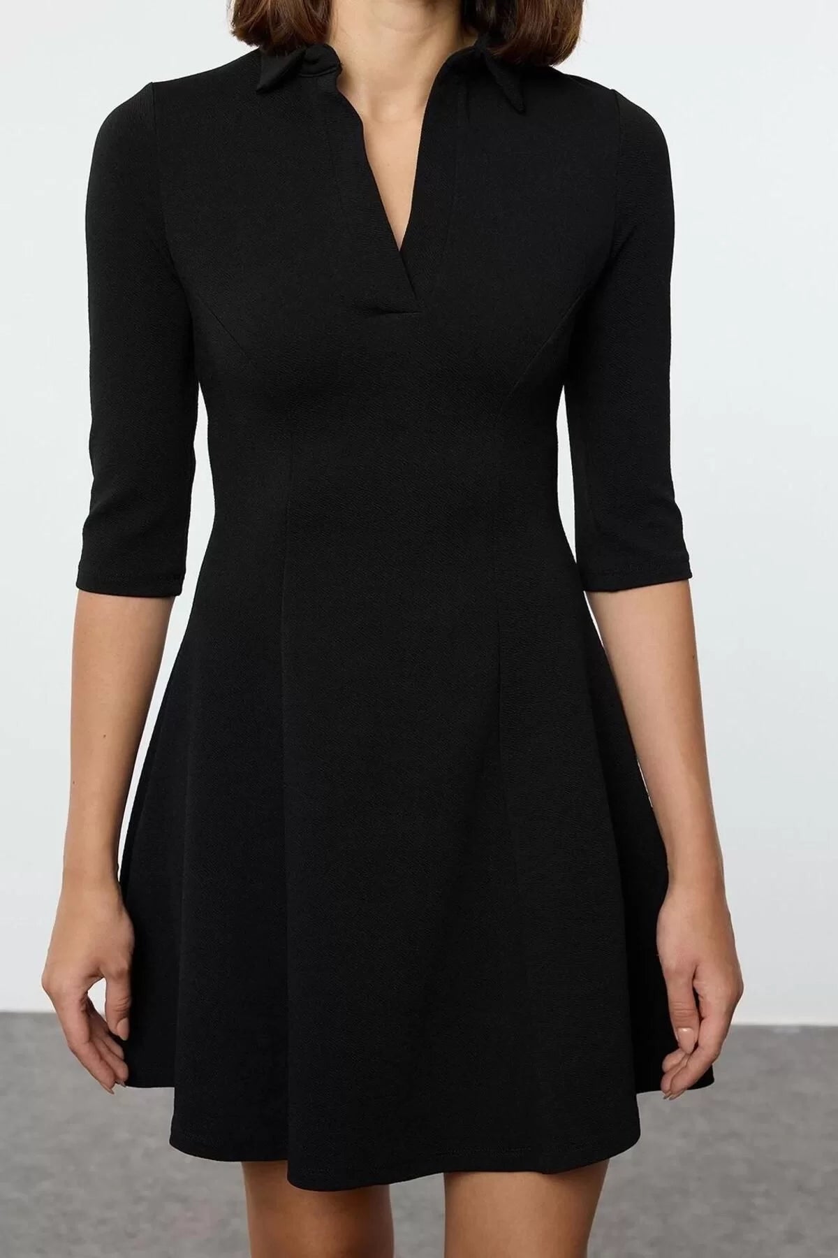 Women Fashion Stylish Mini Length Polo Neck Slim Skater Waist Open Knitted Dress