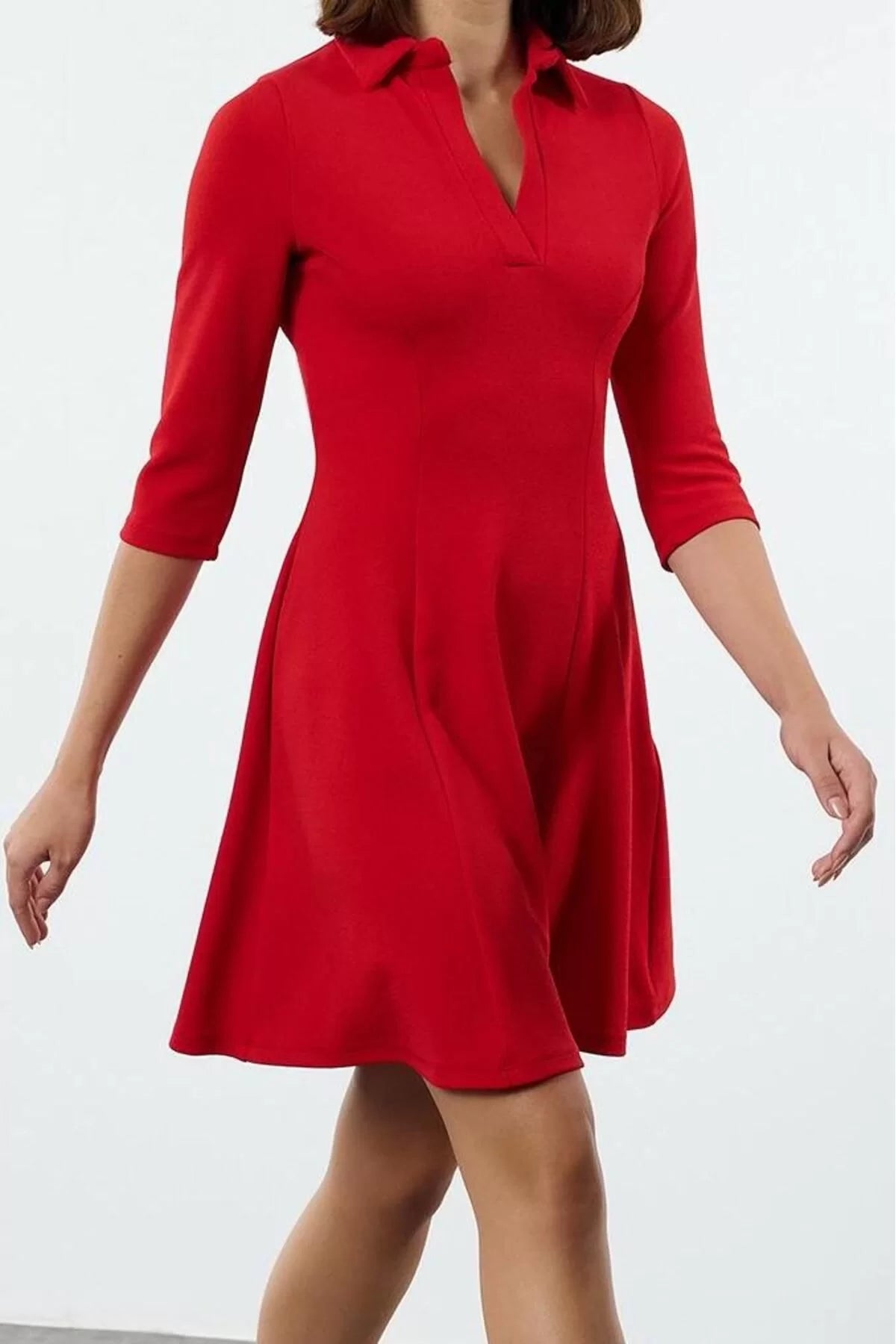 Women Fashion Stylish Mini Length Polo Neck Slim Skater Waist Open Knitted Dress