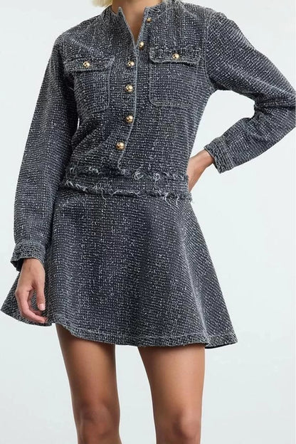 Women Fashion Stylish Mini Length Crew Neck Denim Pocket Detail Dress