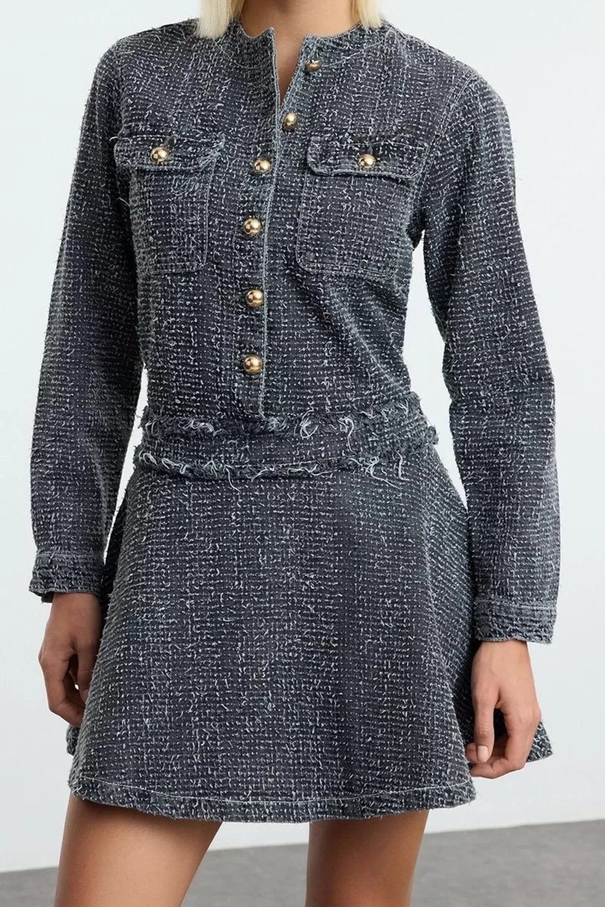 Women Fashion Stylish Mini Length Crew Neck Denim Pocket Detail Dress