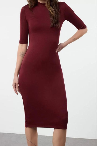 Women Fashion Stylish Midi Length Stand Collar Slim Bodycone Fitted Three Quarter Sleeve Knitted Dress