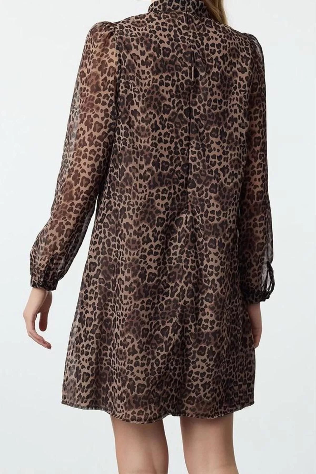 Women Fashion Stylish Mini Length Stand Collar Regular Animal Patterned Straight Cut Lined Woven Winter Dress