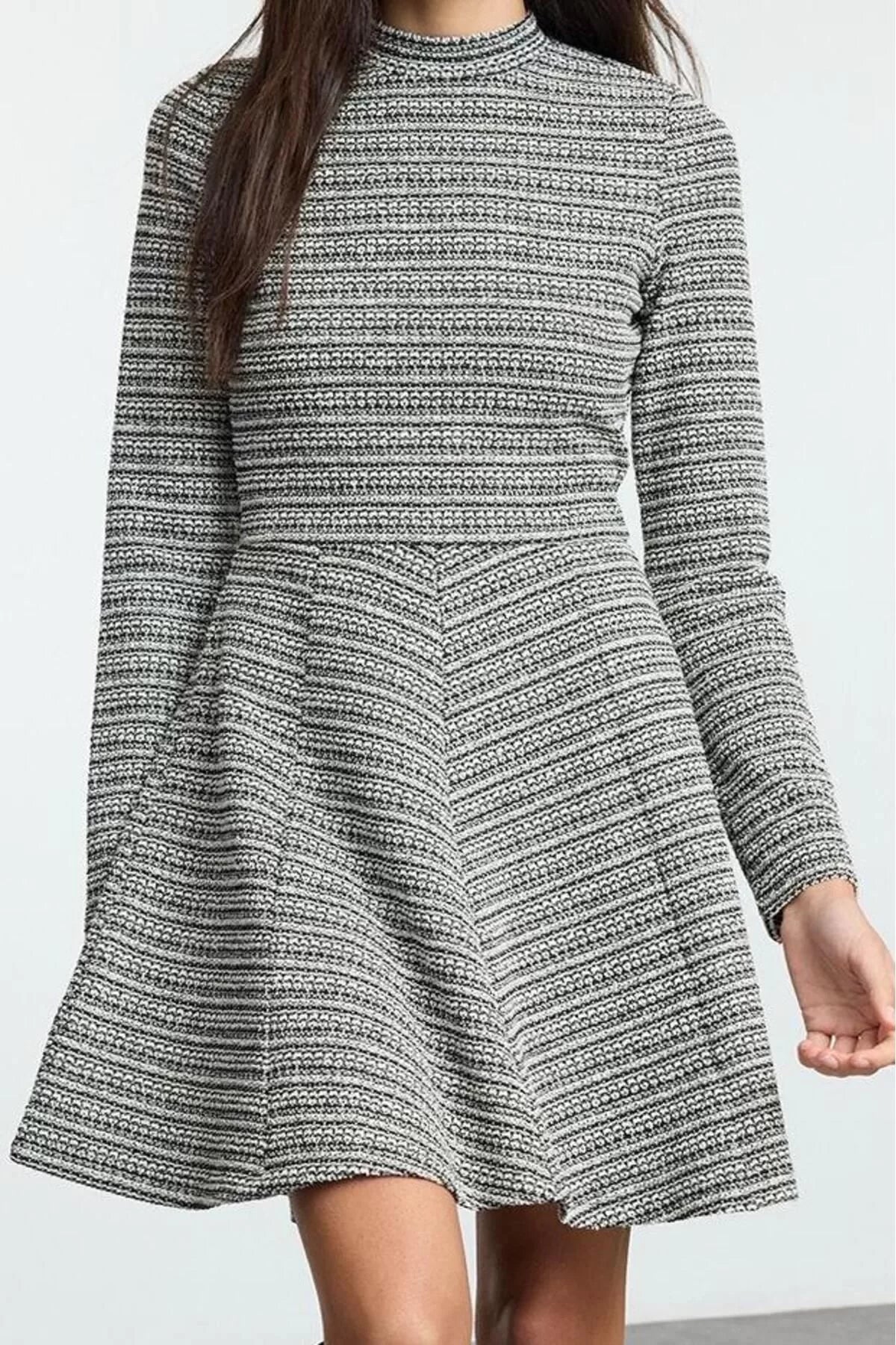 Women Fashion Stylish Mini Length Stand Collar Slim Tweed Crew Neck Skater Waist Open Flounce Knitted Dress