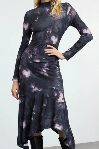 Women Fashion Stylish Midi Length Stand Collar Slim Fitted Printed Knitted Dress