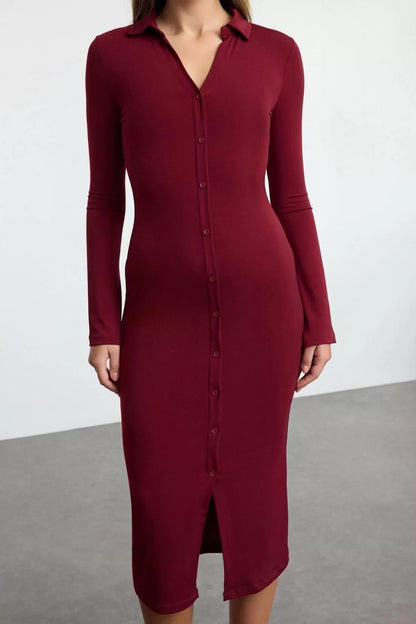 Women Fashion Stylish Maxi Length Button Collar Slim Placket Fitted Stretchy Knitted Dress