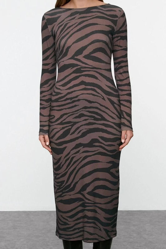 Women Fashion Maxi Length Crew Neck Slim Animal Zebra Printed Fitted Body Stretchy Knit Dress