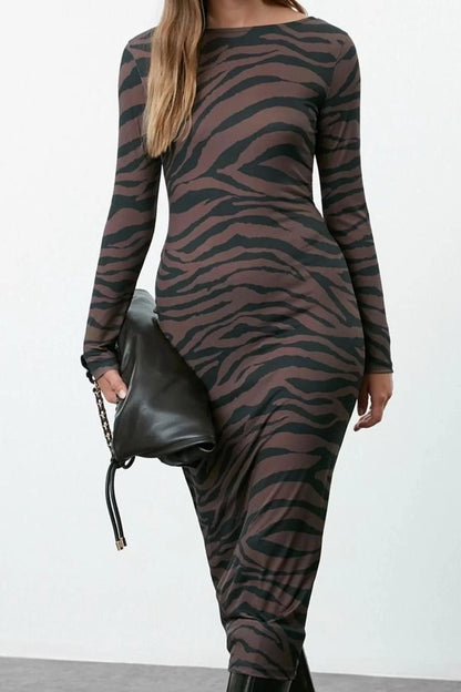 Women Fashion Maxi Length Crew Neck Slim Animal Zebra Printed Fitted Body Stretchy Knit Dress