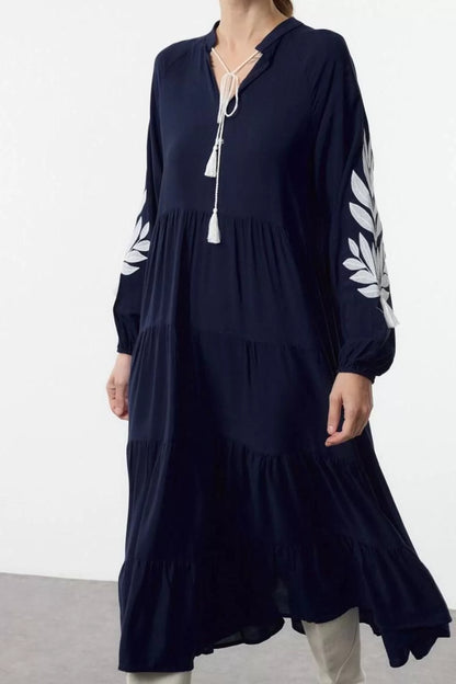 Women Fashion Stylish Midi Length Stand Collar Oversize Wide Cut Embroidered Woven Dress