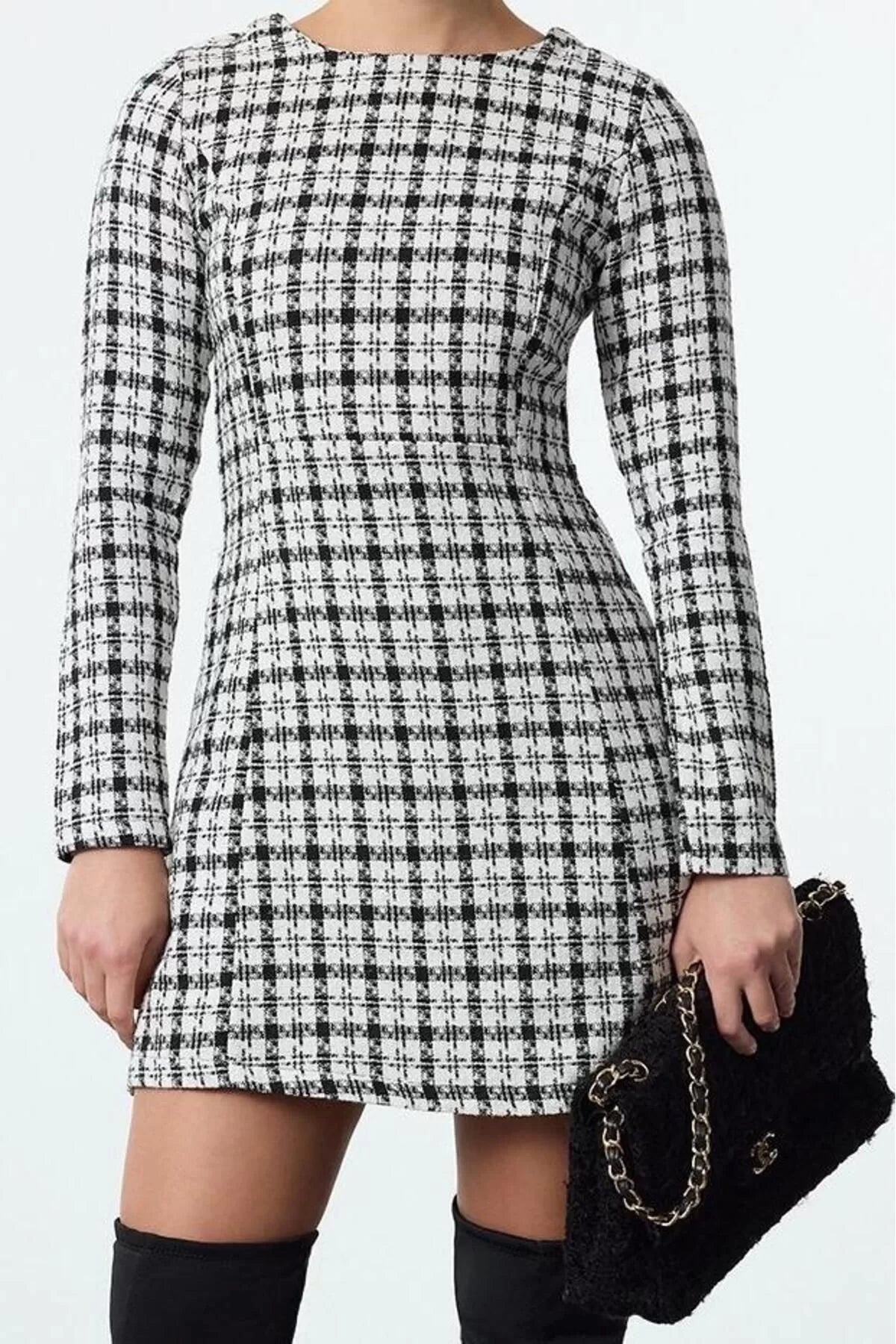 Women Fashion Stylish Mini Length Crew Neck Regular Plaid Checkered A Cut Woven Dress