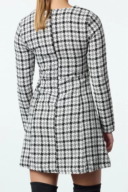 Women Fashion Stylish Mini Length Crew Neck Regular Plaid Checkered A Cut Woven Dress