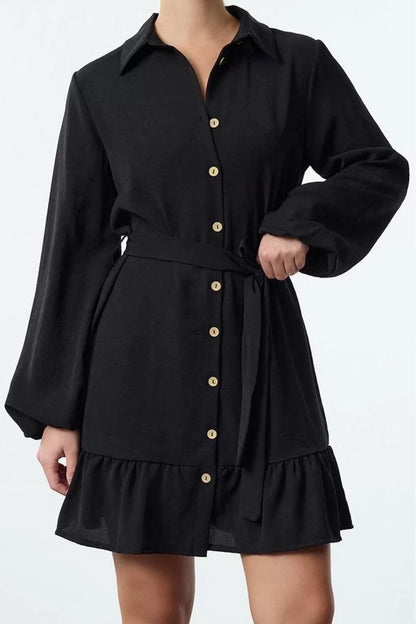 Women Fashion Stylish Mini Length Shirt Collar Regular Belted Flounce Detailed Woven Shirt Dress