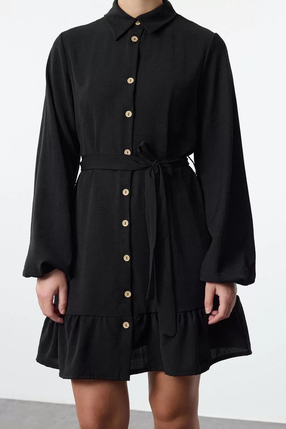 Women Fashion Stylish Mini Length Shirt Collar Regular Belted Flounce Detailed Woven Shirt Dress