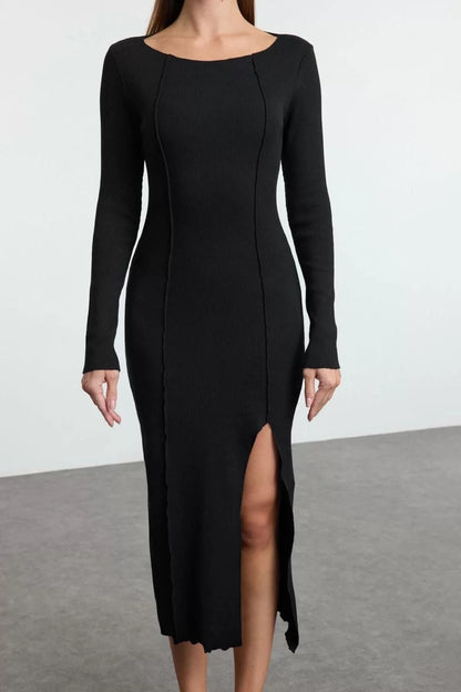 Women Fashion Stylish Midi Length Boat Neck Slim Plain Slit Fitted Bodycon Slit Knitted Dress