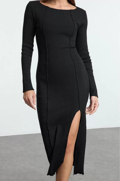 Women Fashion Stylish Midi Length Boat Neck Slim Plain Slit Fitted Bodycon Slit Knitted Dress