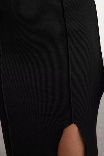 Women Fashion Stylish Midi Length Boat Neck Slim Plain Slit Fitted Bodycon Slit Knitted Dress