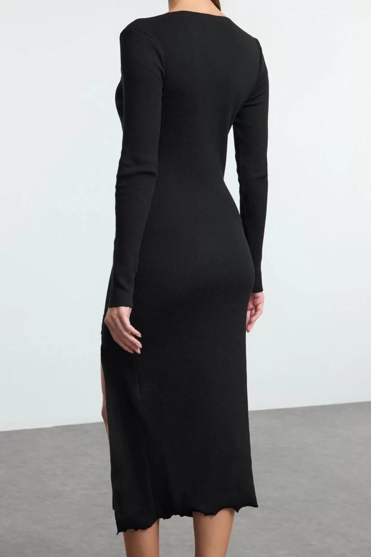 Women Fashion Stylish Midi Length Boat Neck Slim Plain Slit Fitted Bodycon Slit Knitted Dress