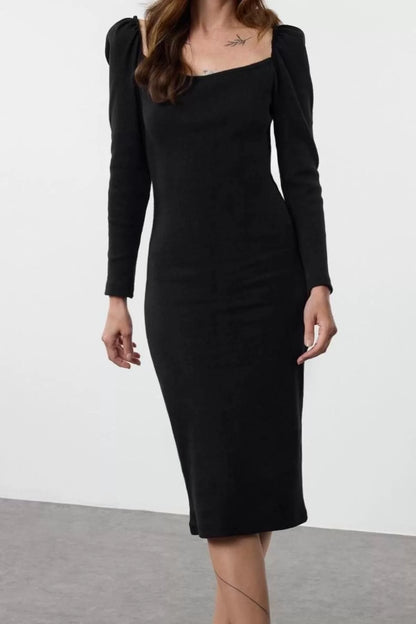 Women Fashion Stylish Midi Length Square Neck Slim Plain Balloon Sleeve Fitted Body Stretchy Knitted Dress